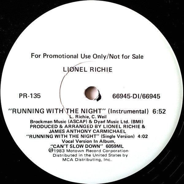 Lionel Richie : Running With The Night (12", Single, Promo)