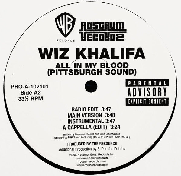 Wiz Khalifa : Youngin On His Grind / All In My Blood (Pittsburgh Sound) (12", Promo)
