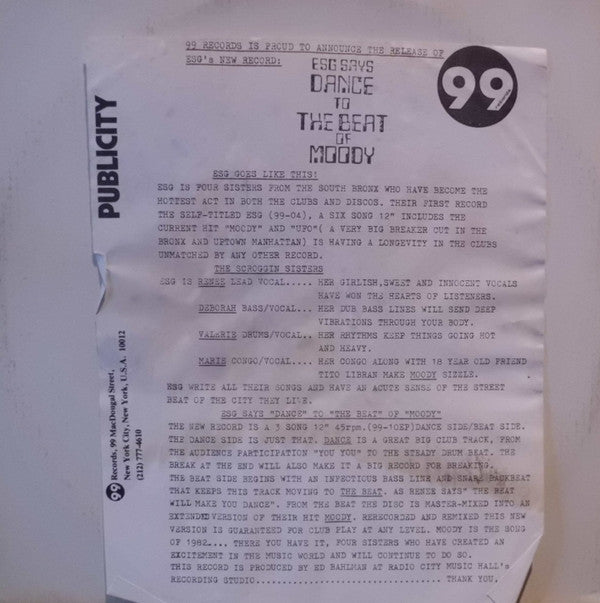 ESG : ESG Says Dance To The Beat Of Moody (12", EP, Pin)