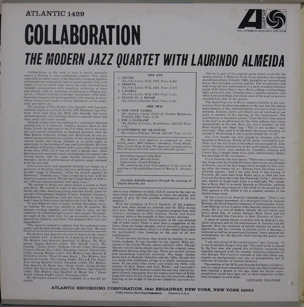The Modern Jazz Quartet With Laurindo Almeida : Collaboration (LP, Album, Mono)