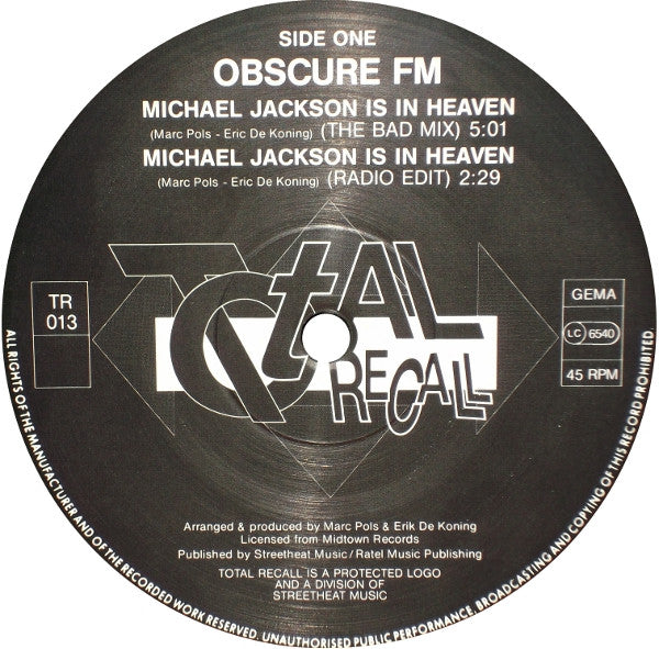 Obscure FM : Michael Jackson Is In Heaven Now (12")