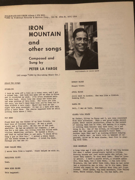 Peter La Farge* : Iron Mountain And Other Songs (LP)
