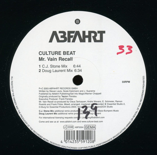 Culture Beat : Mr. Vain Recall (12", Maxi)