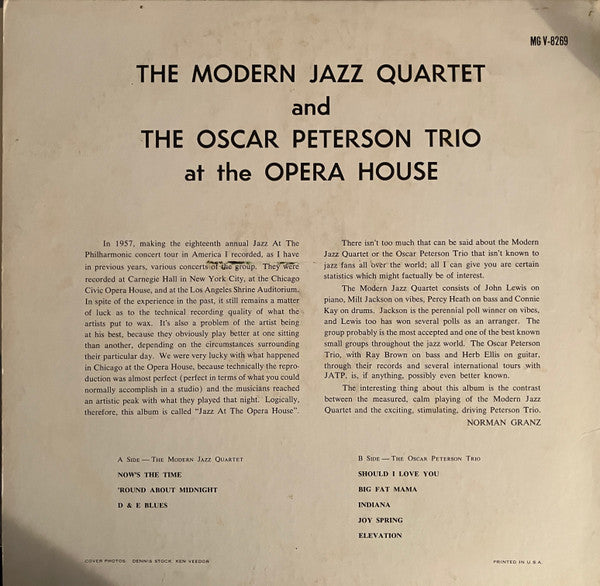 The Modern Jazz Quartet And The Oscar Peterson Trio : At The Opera House (LP, Album, Mono)
