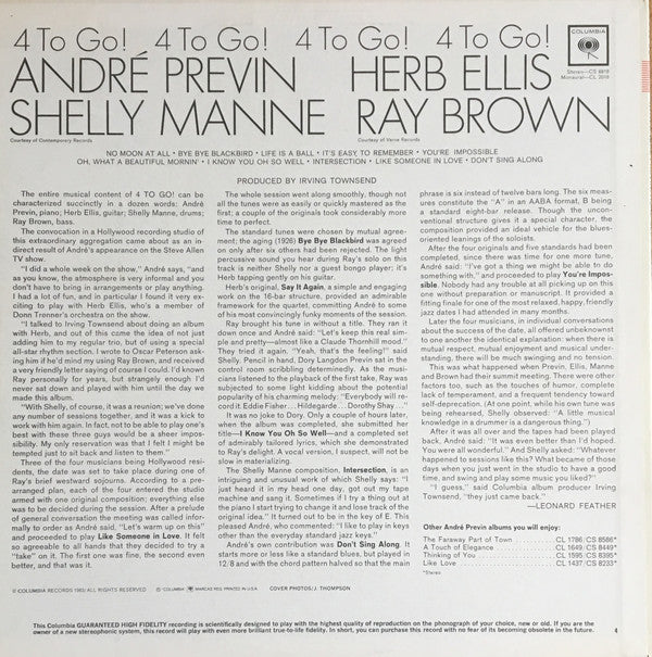 André Previn / Herb Ellis / Shelly Manne / Ray Brown : 4 To Go! (LP, Album, Mono)