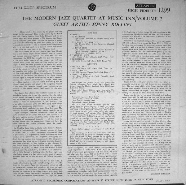 The Modern Jazz Quartet Guest Artist: Sonny Rollins : The Modern Jazz Quartet At Music Inn —  Volume 2 (LP, Album, Mono)